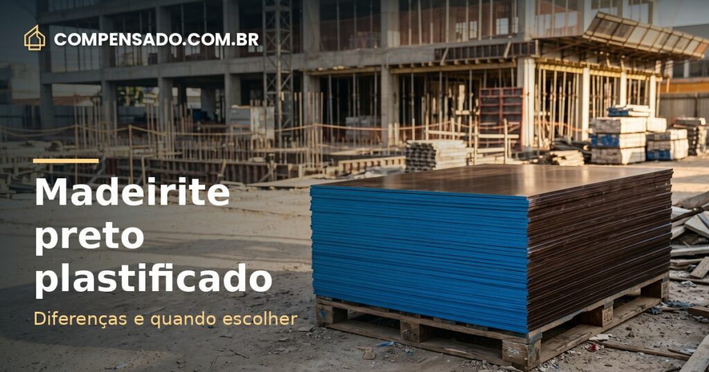 Pilha de madeirite preto plastificado em obra