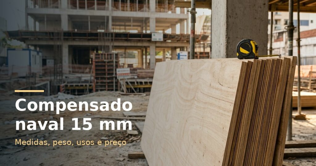 Pilha de compensado naval 15 mm com uma trena em cima, em um canteiro de obras