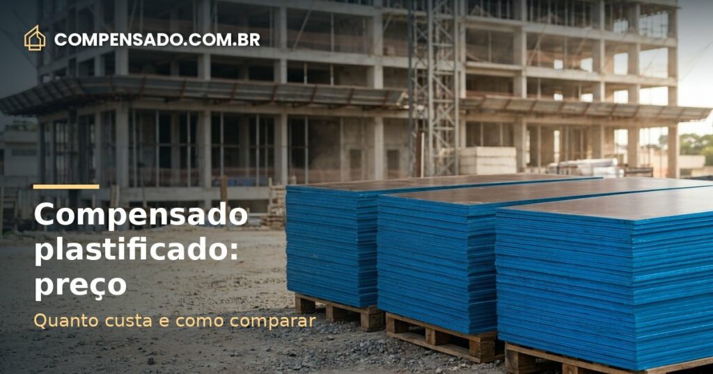 Pilha de chapas de compensado plastificado em pallet, faces marrons e bordas azuis