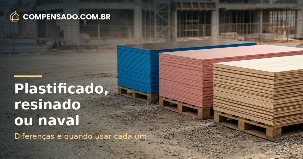 Pilhas de compensado plastificado, resinado e naval lado a lado para comparar as diferenças