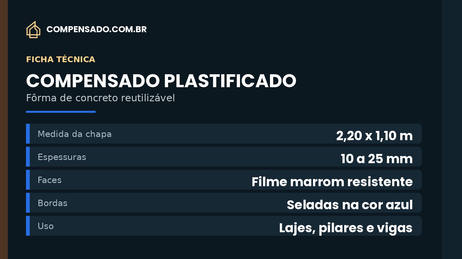 Ficha técnica do compensado plastificado: medida 2,20 x 1,10 m e espessuras de 10 a 25 mm