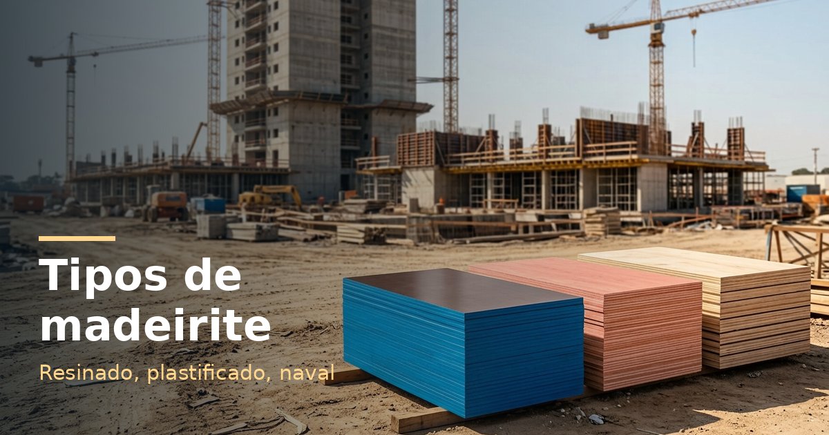 Tipos de madeirite: compensado plastificado, resinado e naval em pilhas no canteiro de obras